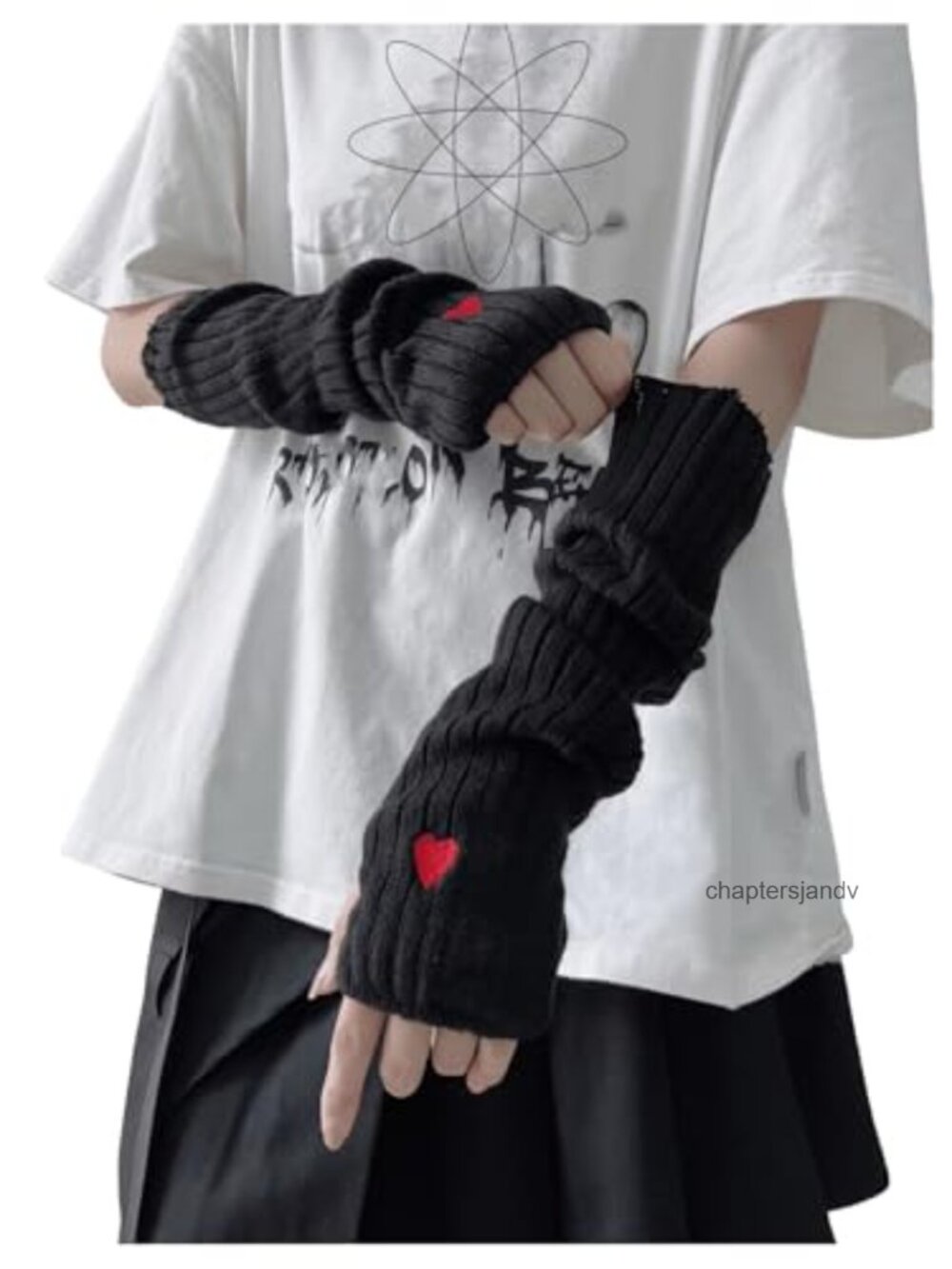Fingerless Long Knit Arm Warmers Heart Embroidery Goth Acrylic